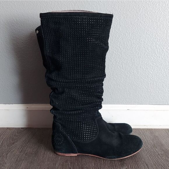 UGG Abilene Black Perforated Suede Leather Slouchy Tall Boot 7 - Picture 1 of 11